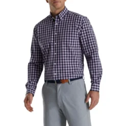 FootJoy Stretch Woven Gingham Shirt -Cheap The Tee Crest Store footjoy stretch woven gingham shirt lavender navy 01 74945.1671651403